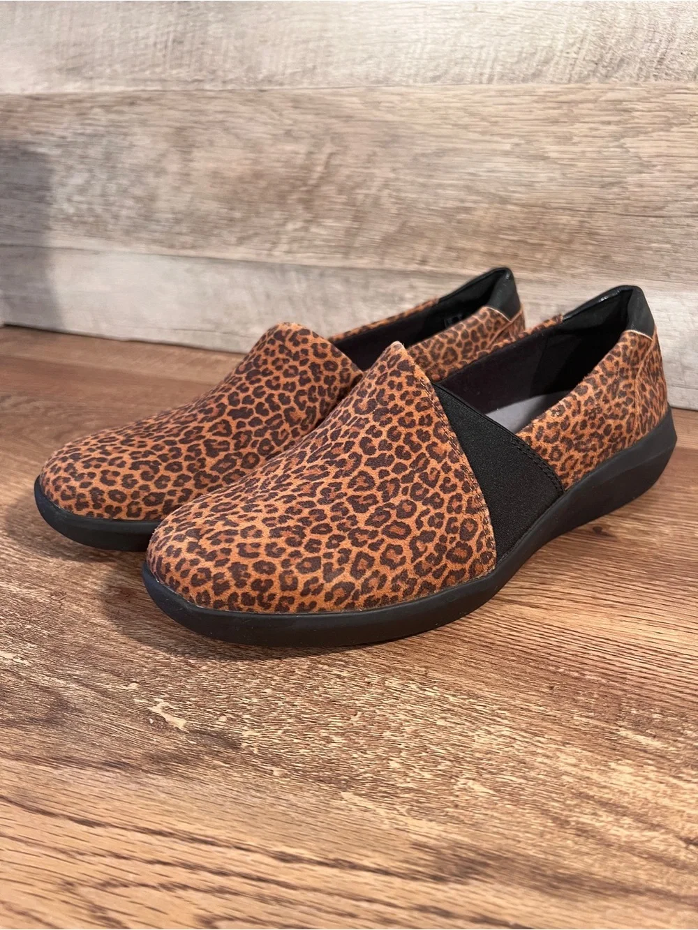 Clarks Cheetah Print Slip-On Flats in Brown and Black Kayleigh Step Loafers